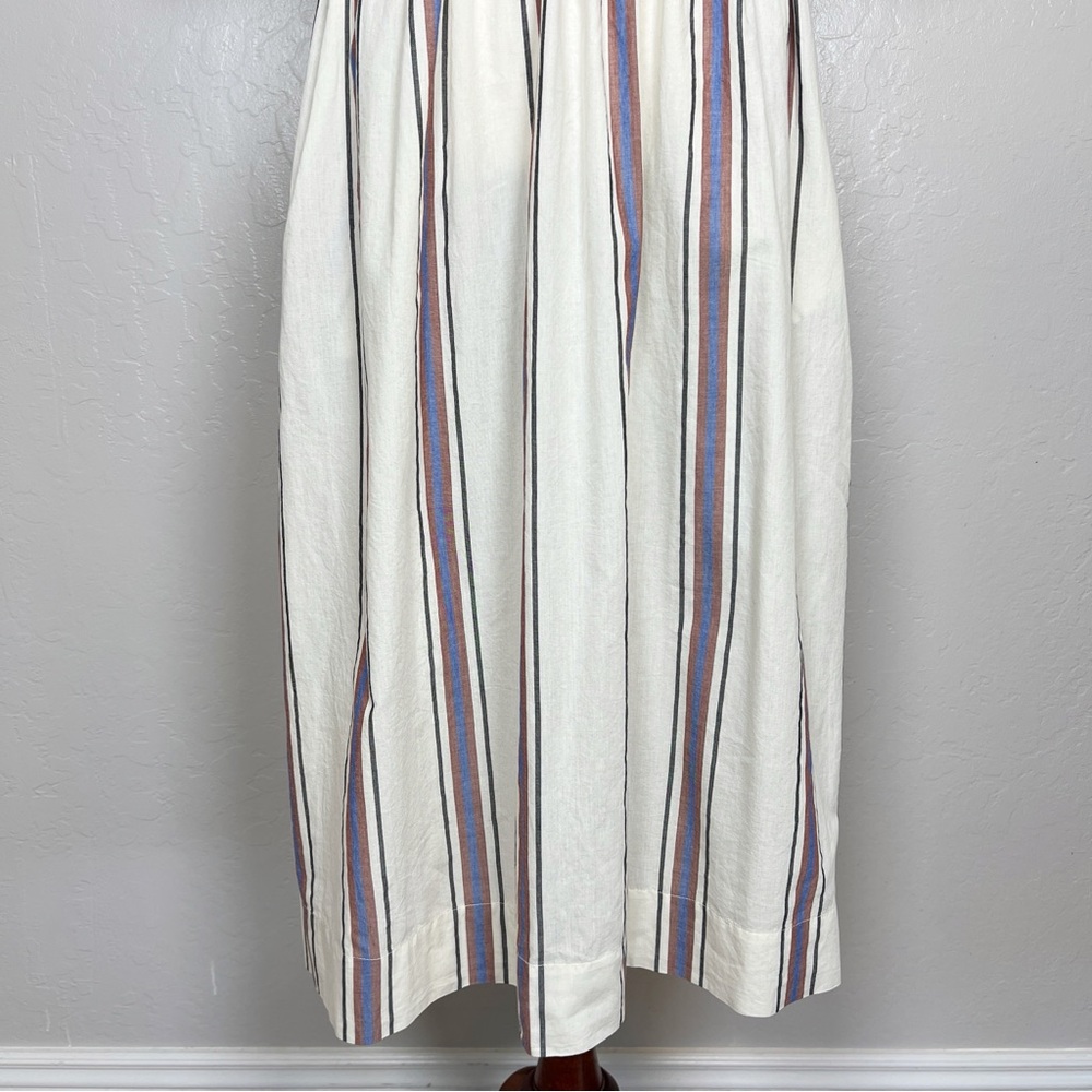 LOFT Beach Women’s Size S Ivory Blue Striped Smocked V-Neck Midi Dress Pockets - Picture 7 of 15
